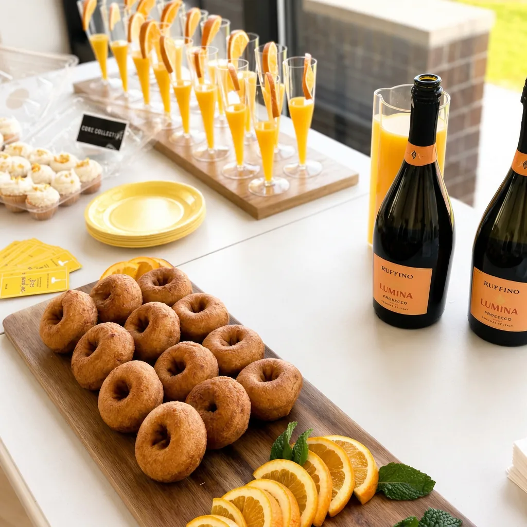 Brunch spread with donuts, orange slices and prosecco at Mom's Weekend