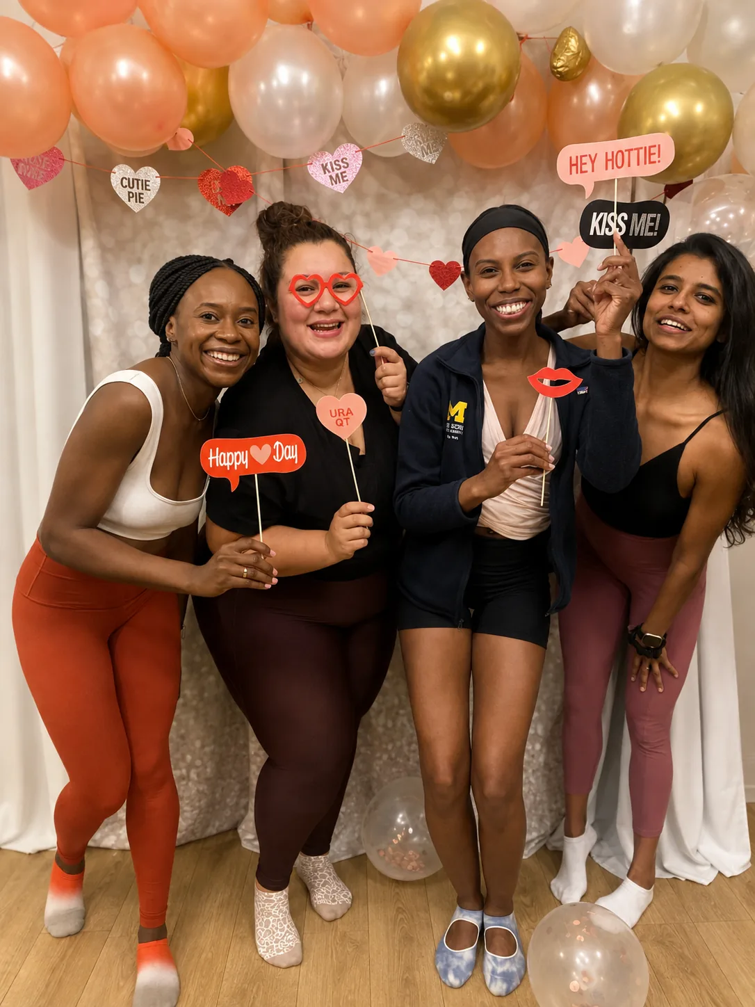 Members posing with Valentine's Day decorations